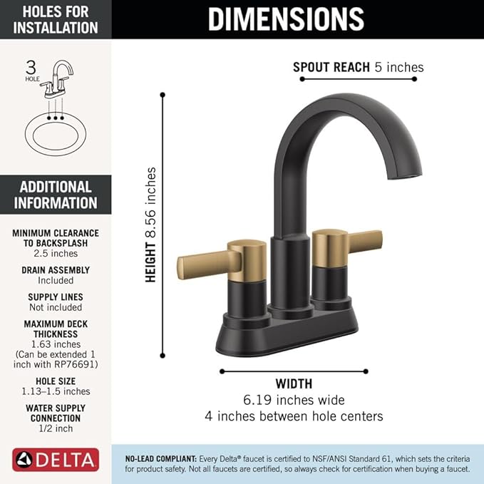 Delta Albion Centerset Matte Black/Brushed Gold Bathroom Faucet, 4 Inch 3 Hole Bathroom Sink Faucet for Vanity, Metal Push-Pop Drain Assembly, Matte Black/Champagne Bronze 25855LF-GZ