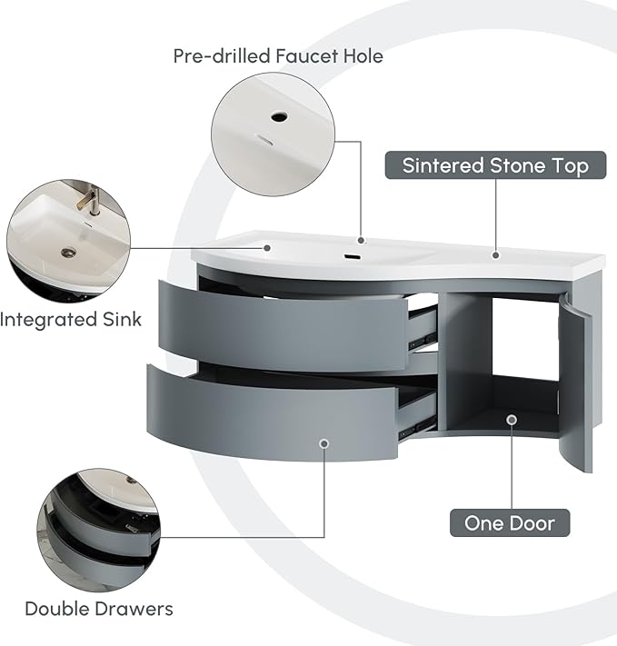 Floating Bathroom Vanity with Sink, 35.4" Modern Curved Bathroom Vanity, Wall Mounted Half-Circle Bathroom Cabinet, White&Gray Blue, Left-Hand Sink