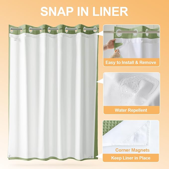 River Dream Cotton Blend No Hook Shower Curtain with Liner, Sage, 71x74 | with Snap in Liner, Heavyweight Waffle Fabric, Hotel Grade for Bathroom, Water Repellent, Corner Magnets, Machine Washable