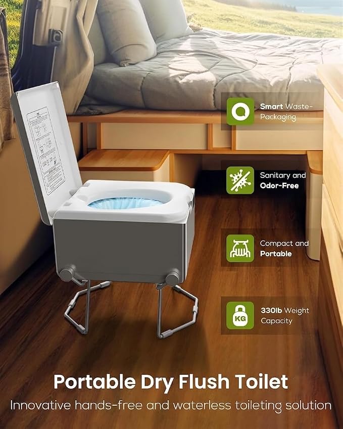 LE-310 Compact Dry Flush Toilet for Van Life and Off-Grid, Gray | Self-Contained rechargeable, Foldable design, no plumbing setup, easy storage, made for RVs, road trips, cabins and marine