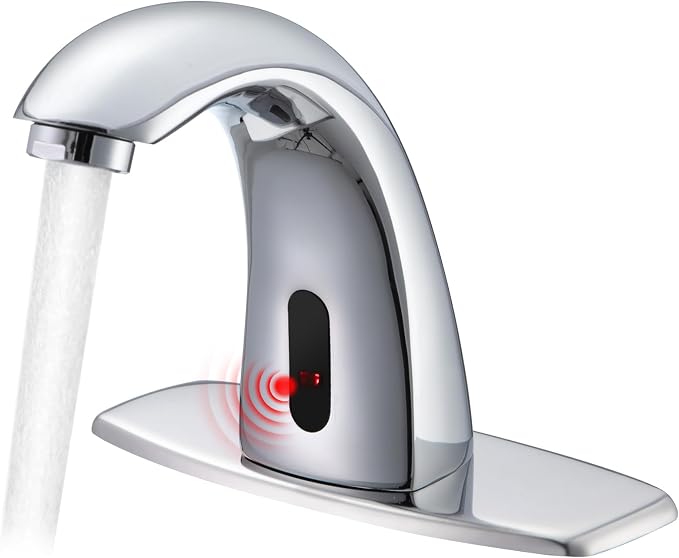 Touchless Bathroom Sink Faucets, Automatic Motion Sensor Sink Faucet with Hole Cover Deck Plate, Chrome Faucet for Bathroom Sink