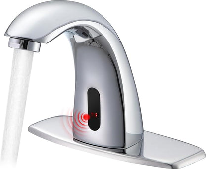 Touchless Bathroom Sink Faucets, Automatic Motion Sensor Sink Faucet with Hole Cover Deck Plate, Chrome Faucet for Bathroom Sink