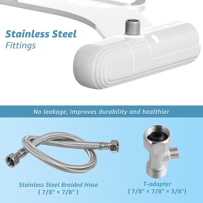 Huttdmel Ultra-Slim Bidet Attachment for Toilet, Non-Electric Dual Nozzle (Rear & Feminine Wash), Adjustable Water Pressure, Easy to Install, Fits Most Toilets, Stainless Steel Hose, Grey & White