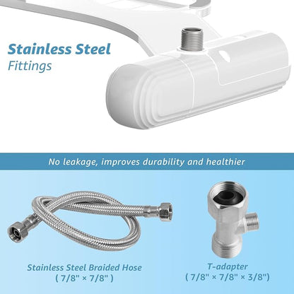 Huttdmel Ultra-Slim Bidet Attachment for Toilet, Non-Electric Dual Nozzle (Rear & Feminine Wash), Adjustable Water Pressure, Easy to Install, Fits Most Toilets, Stainless Steel Hose, Grey & White