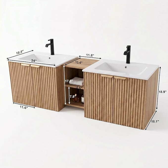 60 Inch Floating Bathroom Vanity with Double Sink, Bathroom Double Sink Cabinet with Soft Close Door Waterproof Storage, Wood Color