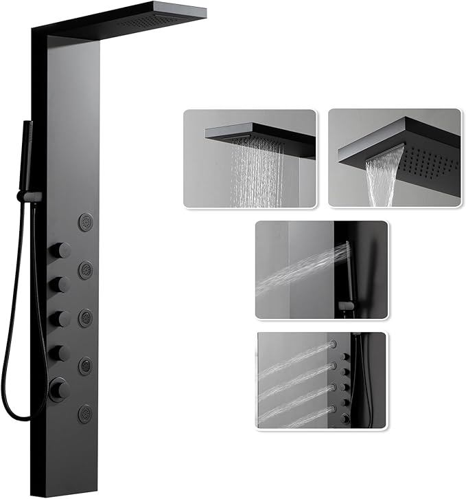 Matte Black Bathroom Shower Tower, 304 Stainless Steel Shower Panel Tower System with Rainfall Shower Head 4 Rain Massage Body Jets for Home Hotel Resort Bathroom Lavatory