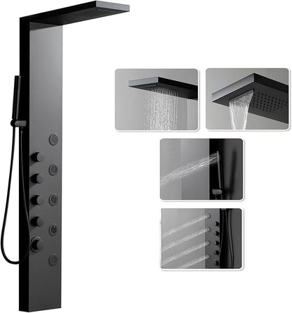 Matte Black Bathroom Shower Tower, 304 Stainless Steel Shower Panel Tower System with Rainfall Shower Head 4 Rain Massage Body Jets for Home Hotel Resort Bathroom Lavatory