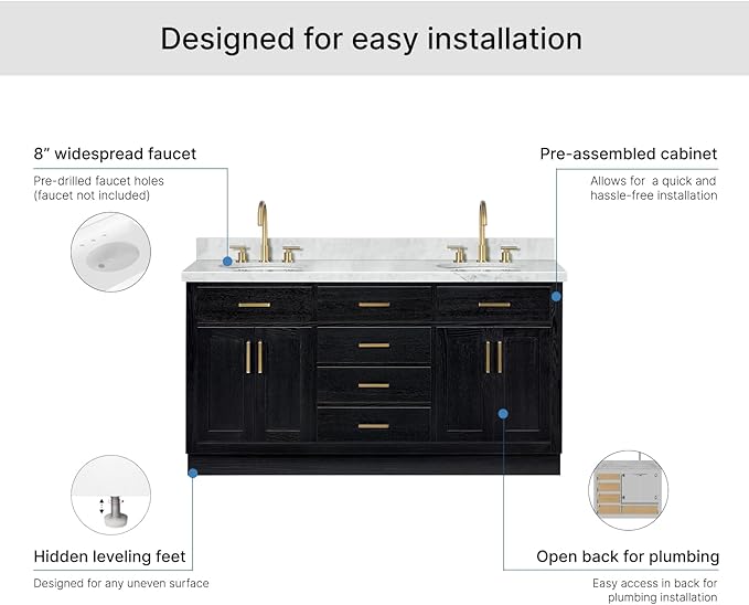 ARIEL Hepburn 66-inch Bathroom Vanity with Sink,Solid Wood, 1.5-inch Italian Carrara Marble Countertop & Backsplash, Double Oval Porcelain Sink, 4 Soft Closing Doors, 6 Dovetail Drawers, Black Oak