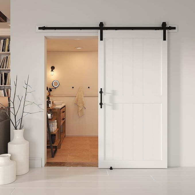 42''x84'' Sliding Barn Door with 7 Ft Barn Door Hardware Kit | Pre-Drilled Holes Easy Assembly - Include Installation Manual, Water-Proof PVC Surface, H-Frame, White