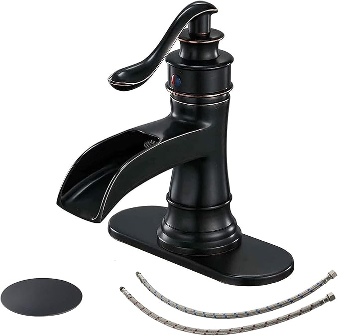 BWE Oil Rubbed Bronze Bathroom Sink Faucet with 1.2 GPM Flow Rate Waterfall Vanity Sink Faucet Single Handle Mixer Tap with Pop Up Drain Stopper Assembly Water Supply Hose