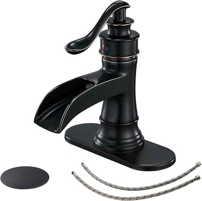 BWE Oil Rubbed Bronze Bathroom Sink Faucet with 1.2 GPM Flow Rate Waterfall Vanity Sink Faucet Single Handle Mixer Tap with Pop Up Drain Stopper Assembly Water Supply Hose