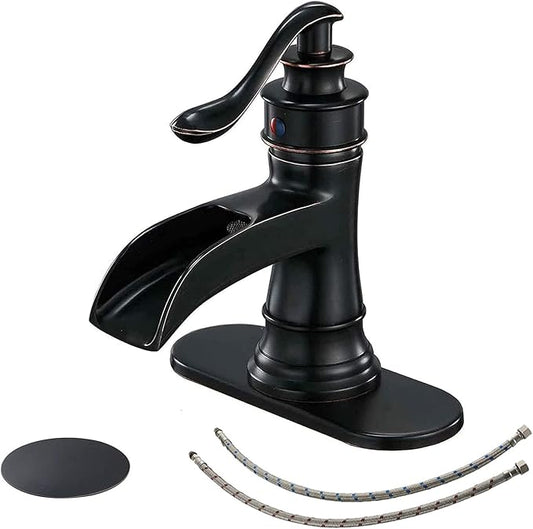 BWE Oil Rubbed Bronze Bathroom Sink Faucet with 1.2 GPM Flow Rate Waterfall Vanity Sink Faucet Single Handle Mixer Tap with Pop Up Drain Stopper Assembly Water Supply Hose