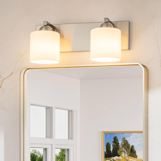 mirrea 2-Light Brushed Nickel Bathroom Vanity Light with White Glass Shades | Over Mirror,Wall Sconce,ETL listed,Bathroom Lighting Fixtures,Elegant Design,Milk White Glass Shade,Easy Installation
