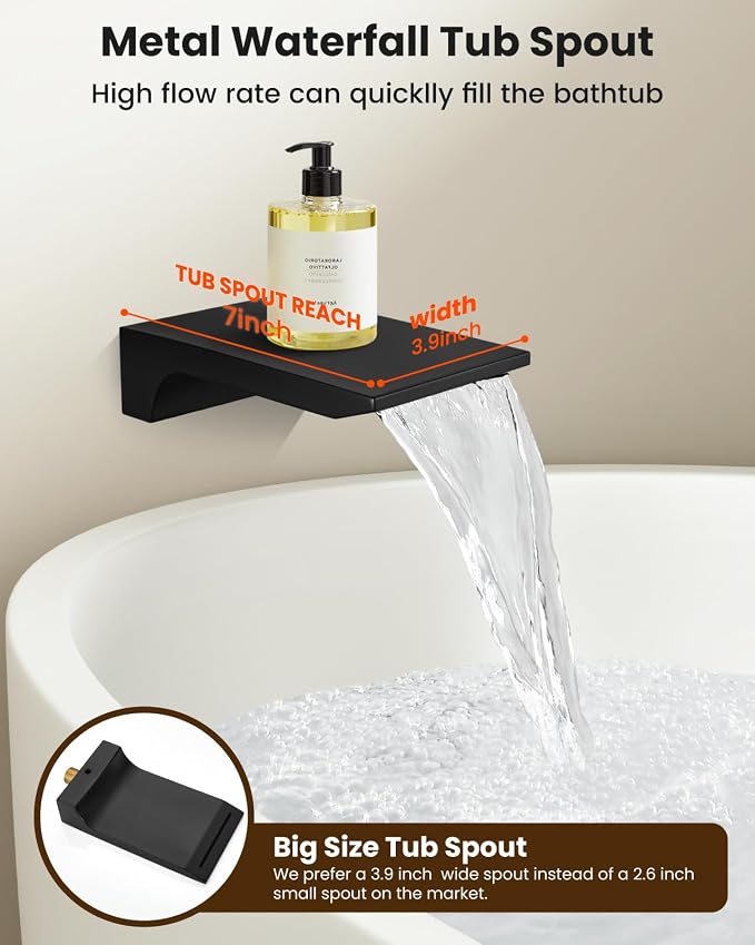 gotonovo Tub Shower Faucet Set with Valve 10'' Rain Head,Matte Black | Waterfall Tub Spout Shower System,Bathtub Faucet Set,SUS304 Rain Head with Handheld,Brass Valve Trim Kit,All Metal,Wall Mount