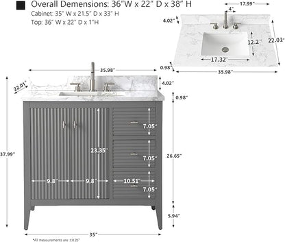 HOMEBEYOND 36" Bathroom Vanity with Sink, Solid Wood Bathroom Vanity Free-Standing Cabinet, Drawers, Ceramic Top & Soft Closing Door, Golden Brushed Handware, Cashmere Gray