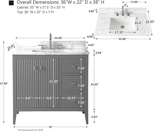 HOMEBEYOND 36" Bathroom Vanity with Sink, Solid Wood Bathroom Vanity Free-Standing Cabinet, Drawers, Ceramic Top & Soft Closing Door, Golden Brushed Handware, Cashmere Gray