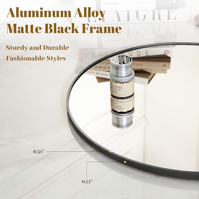 Black Round Bathroom Mirror 30", Thin Metal Frame Wall Mirror | Circle Vanity Mirror for Over Sink, Hanging or Leaning Decor for Hallway, Entryway, Fireplace Mantel, Living Room