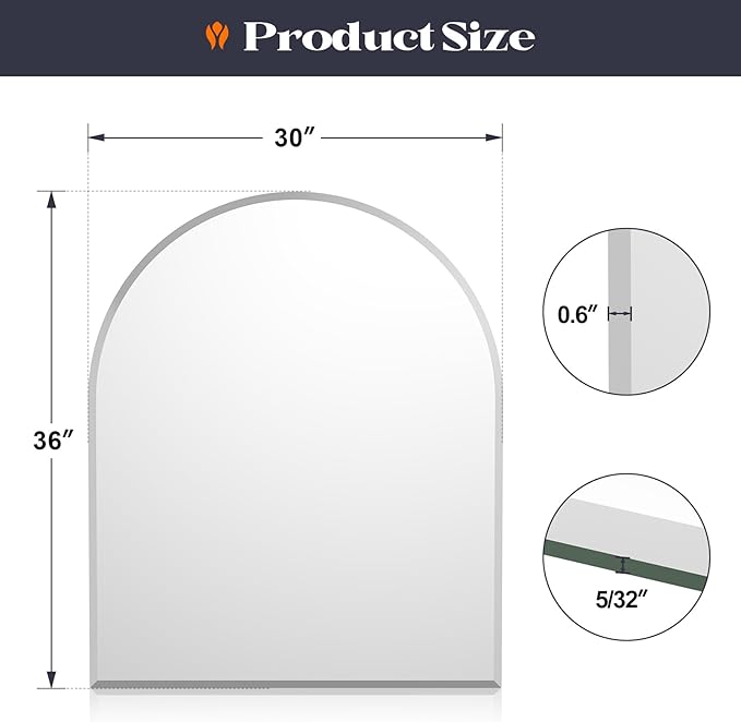 Frameless Bathroom Mirror, 30" x 36" Arched Vanity Mirror for Wall Beveled, Arch Wall Mounted Mirror for Over Sink, Bedroom, Mantel
