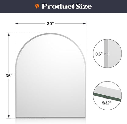 Frameless Bathroom Mirror, 30" x 36" Arched Vanity Mirror for Wall Beveled, Arch Wall Mounted Mirror for Over Sink, Bedroom, Mantel
