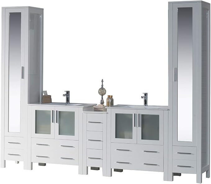 Blossom 102 Inch Bathroom Vanity with Linen Tower, Glossy White | Solid Wood, Extra Wide Double Sink, Modern European Design, Moisture Resistant Painted Finish, Includes 2 Mirror Cabinets