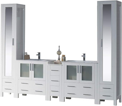 Blossom 102 Inch Bathroom Vanity with Linen Tower, Glossy White | Solid Wood, Extra Wide Double Sink, Modern European Design, Moisture Resistant Painted Finish, Includes 2 Mirror Cabinets