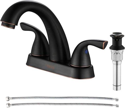 PARLOS Two-Handle Bathroom Sink Faucet with Metal Drain Assembly and Supply Hose Lead-Free cUPC Mixer Double Handle Tap Deck Mounted Oil Rubbed Bronze, 13597