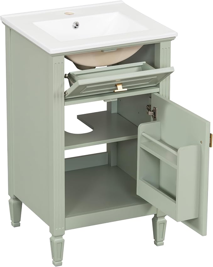 GDFStudio Hawthorne 20" Modern Bathroom Vanity with Sink, Freestanding Bathroom Vanity Organizer with Tilt Out Drawer, Adjustable Shelf and Solid Wood Legs, Single Sink Bathroom Vanity, Green