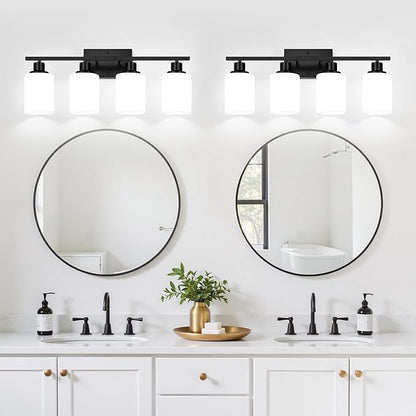 4-Light Bathroom Light Fixtures, Matte Black Vanity Lights with Milk Glass Shades, Modern Bathroom Wall Lamp for Mirror Living Room Bedroom Porch