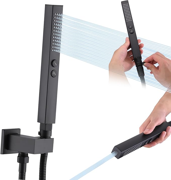 All-Metal High Pressure Square Handheld Shower Head with Jet Spray and Rainfall Modes, Volume Control Regulator, ON/OFF Switch, Hose and Wall Mounted Adjustable Bracket (Matt Black)