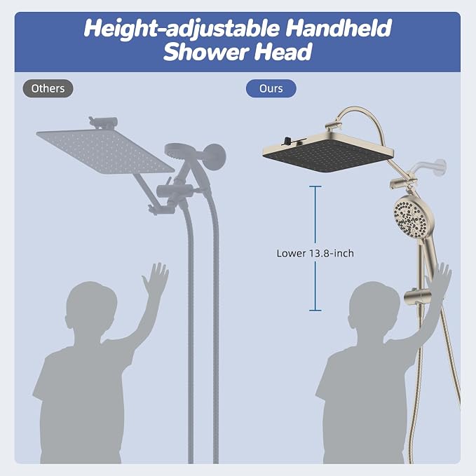 Hibbent cUPC Certified Upgraded 13'' Shower Head Combo, High Pressure 5 Spray Rainfall Showerhead with 10 Sprays Handheld, All Metal 3-way Diverter Shower Arm, 71'' Hose and Holder, Brushed Nickel