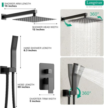Longriver S200 Shower Faucet Set, Shower System Bathroom High Pressure 12 Inches Rainfall Shower Head with Handheld Spray, Wall Mounted Shower Fixtures with Shower Valve and Trim Kit, Matte Black