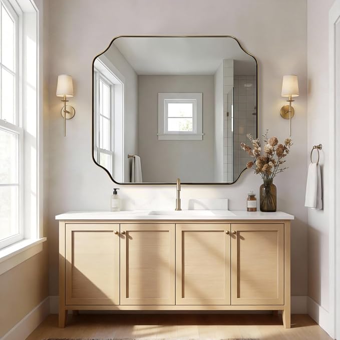 36"x40" Brass Vanity Mirror, Large Scalloped Bathroom Mirror, Brushed Gold Trim Mirror in Anti-Rust Stainless Steel Metal Frame, Irregular Shaped Mirror Ideal for Bathroom Remodel