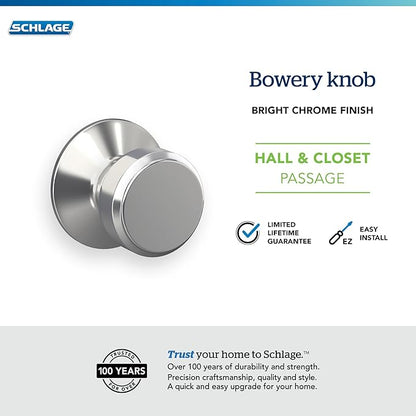 SCHLAGE F10 BWE 625 Bowery Passage Knob, Bright Chrome