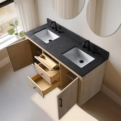 Vanity Art 60 inch Double Sink Bathroom Vanity, Vanity Cabinet with Doors and Shelf, Modern Wood Bathroom Vanity with White Marble Top, Solid Wood Frame, 3 Functioning Drawers, VA70-60-DLW-B