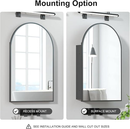 Recessed Medicine Cabinet with Mirror,Arched Medicine Cabinet Mirrors for Bathroom,Brushed Black Medicine Cabinets in Wall,Bathroom Mirror with Storage,Mirrored Medicine Cabinets 20x30