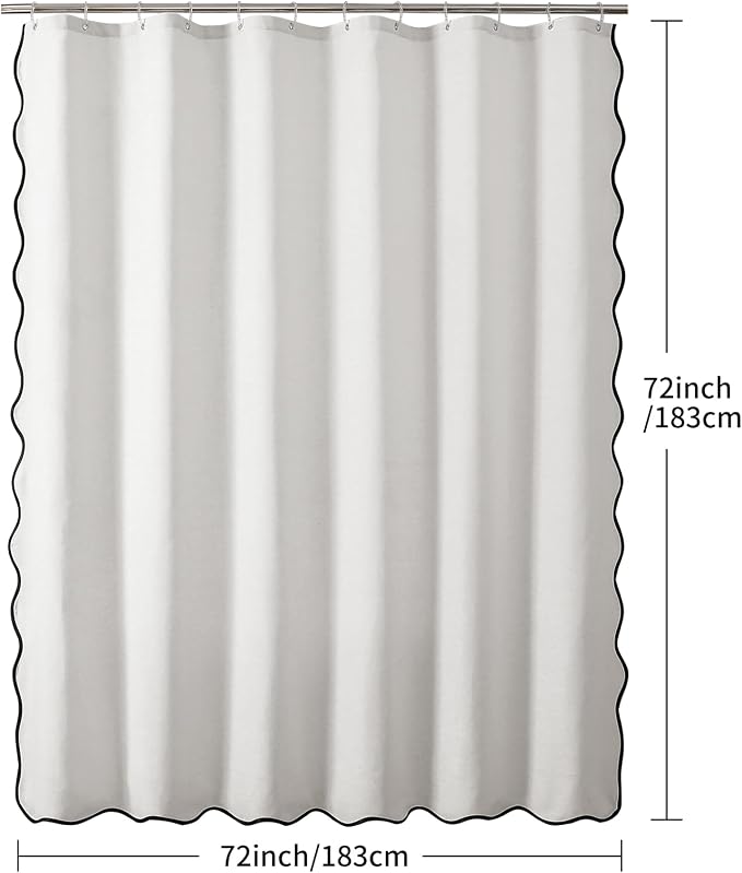 Linen Scallop Shower Curtain with 12 Clear Hooks, Waterproof, 72x72, White | Waterproof Heavy Duty Thick Fabric with Black Border, Neutral Boho Farmhouse Bathtub Shower Curtain