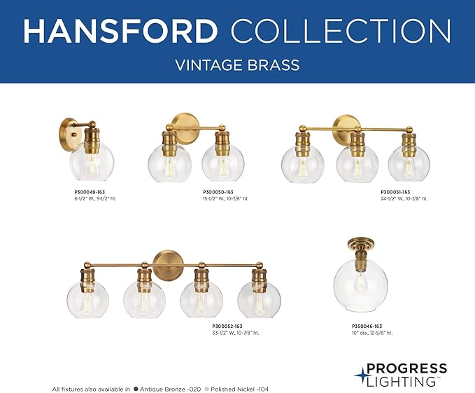 Hansford Collection 2-Light Clear Glass Farmhouse Bath Vanity Light Vintage Brass