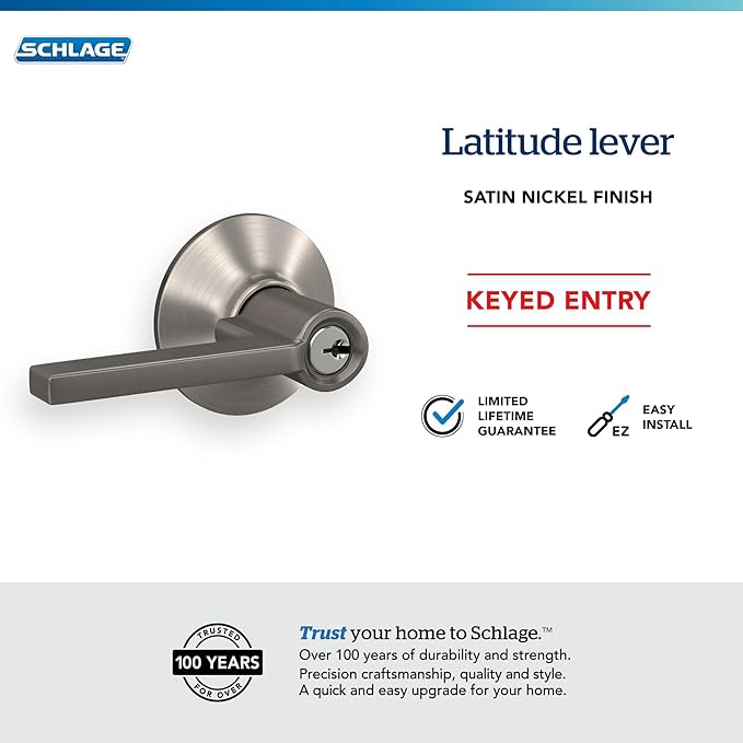 Schlage F51A LAT 619 Latitude Door Lever, Keyed Entry Lock, Satin Nickel