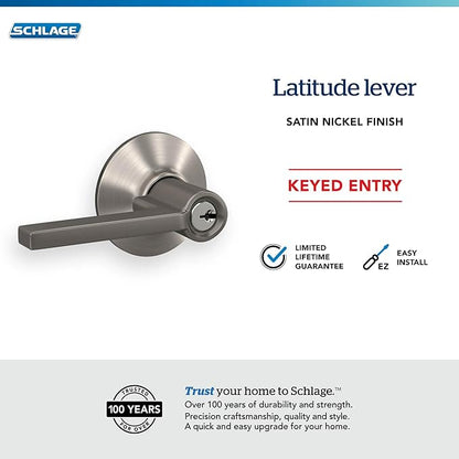 Schlage F51A LAT 619 Latitude Door Lever, Keyed Entry Lock, Satin Nickel