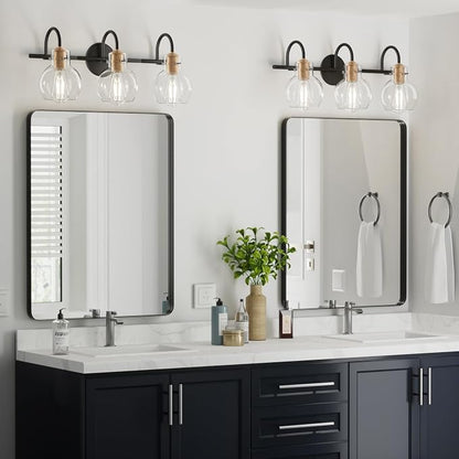 3 Lights Bathroom Vanity Light Fixtures Over Mirror Modern | Wall Sconce,Globe Glass Shade,E26 Base, UL Certified，Anti-Rust,Damp Rated,Brushed Cooper Black,Bathroom Bedroom Living Room
