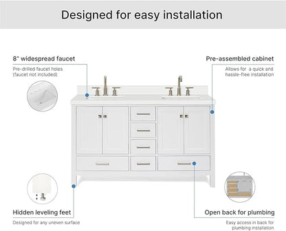 ARIEL Cambridge 60-inch Bathroom Vanity with Sink,Solid Wood, 1.5-inch Pure White Quartz Countertop & Backsplash, Double Rectangular Porcelain Sink, 4 Soft Closing Doors, 6 Dovetail Drawers, White