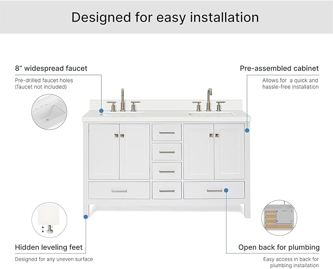 ARIEL Cambridge 60-inch Bathroom Vanity with Sink,Solid Wood, 1.5-inch Pure White Quartz Countertop & Backsplash, Double Rectangular Porcelain Sink, 4 Soft Closing Doors, 6 Dovetail Drawers, White