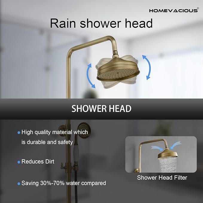 Homevacious Antique Brass Outdoor Shower Kit Exposed Shower | 8 Inch High Pressure Rain Shower Head with Hand Spray Bathroom Shower Faucet System Double Knobs Cross Handle 3-function