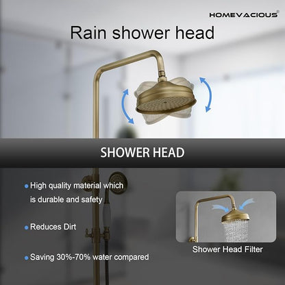 Homevacious Antique Brass Outdoor Shower Kit Exposed Shower | 8 Inch High Pressure Rain Shower Head with Hand Spray Bathroom Shower Faucet System Double Knobs Cross Handle 3-function