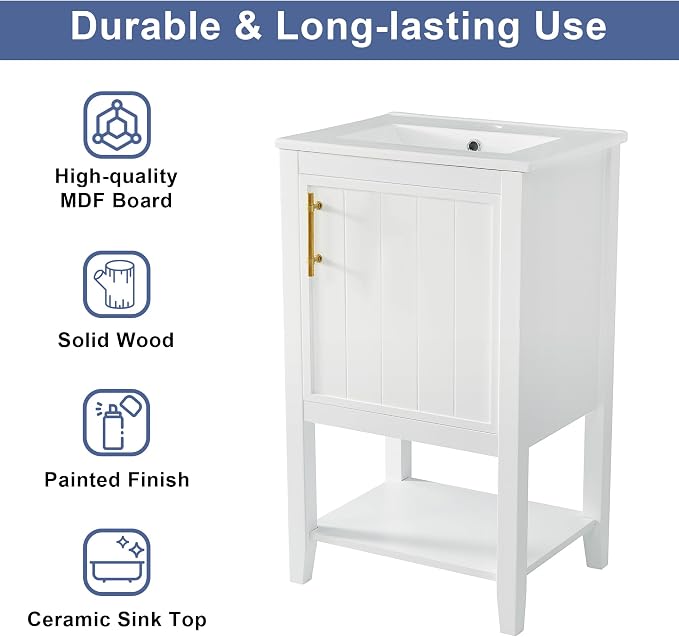 Bathroom Vanity with Sink 20 Inch, Cabinet with Two-Tier Door Shelf Rack & Open Storage, Solid Wood Legs, White
