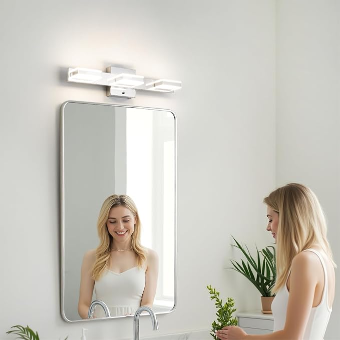 mirrea 20" 3 Light 3CCT Chrome LED Bathroom Vanity Light Fixture | Over Mirror,Bathroom Lighting,3000K/4000K/5000K ,Dimmable,Rust-resistant,Moisture-resistant,Acrylic shade,Wall Mount