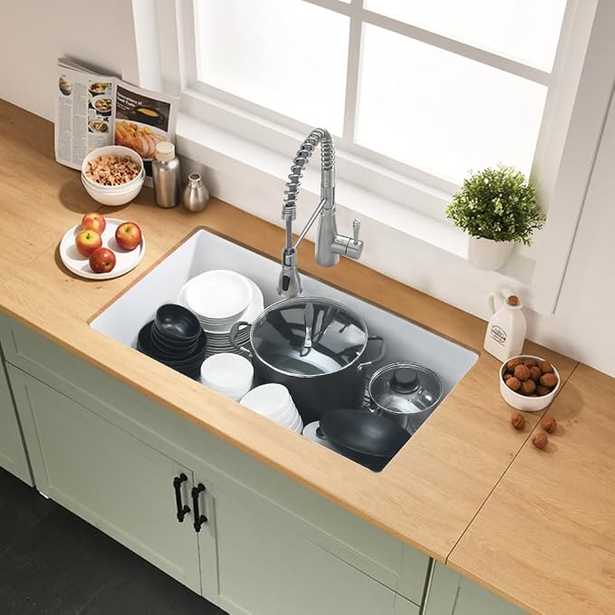 33 Inch White Undermount Kitchen Sink | 33x19 Granite Composite Kitchen Sink Quartz Undermount Single Bowl Deep Kitchen Sink with Countertop Squeegee Brush Combo