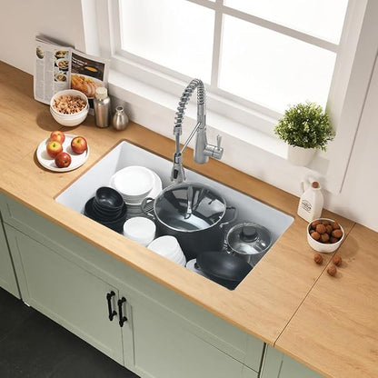 33 Inch White Undermount Kitchen Sink | 33x19 Granite Composite Kitchen Sink Quartz Undermount Single Bowl Deep Kitchen Sink with Countertop Squeegee Brush Combo