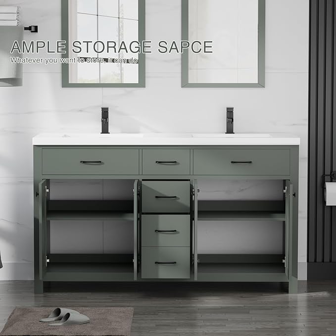 LUCKWIND 60" Bathroom Vanity and Sink Combo, Painted Modern Bathroom Storage Cabinet with Double Ceramic Sink, Four Doors and Three Drawers, Include Faucet, Without Mirror, Green