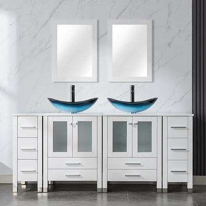 LUCKWIND 72" Double 24-in Bathroom Vanity with Sink Combo, Elegant Series with Two 12.6-in Side Cabinets, Painted Frame, Including Blue Boat Sinks, Faucets Without Mirrors, White